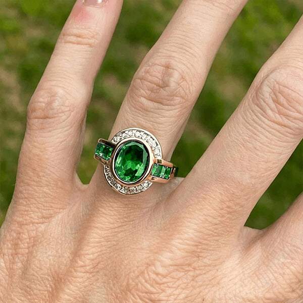 Art Deco Two Tone Bezel Setting Oval Cut Emerald Sapphire Engagement Ring