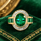 Art Deco Two Tone Bezel Setting Oval Cut Emerald Sapphire Engagement Ring