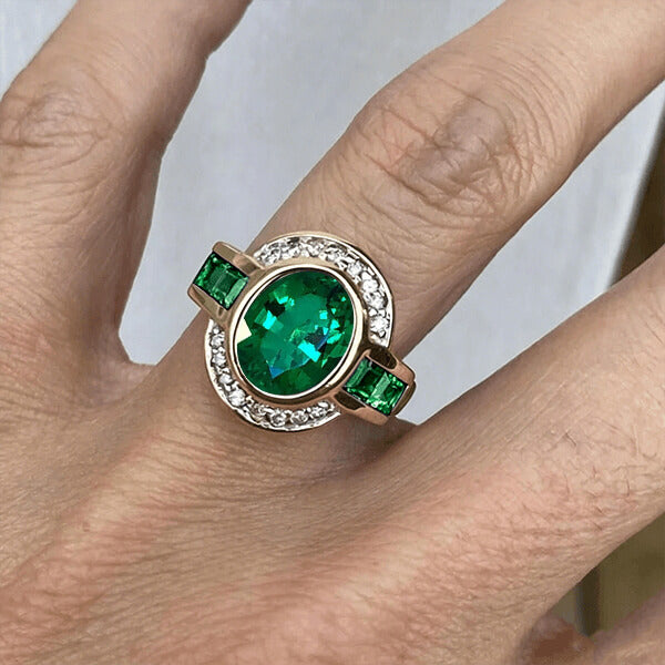 Art Deco Two Tone Bezel Setting Oval Cut Emerald Sapphire Engagement Ring