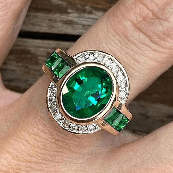Art Deco Two Tone Bezel Setting Oval Cut Emerald Sapphire Engagement Ring
