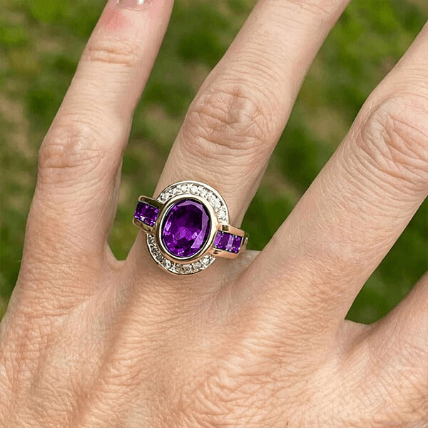 Art Deco Two Tone Bezel Setting Oval Cut Amethyst Sapphire Engagement Ring