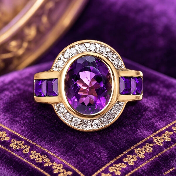 Art Deco Two Tone Bezel Setting Oval Cut Amethyst Sapphire Engagement Ring
