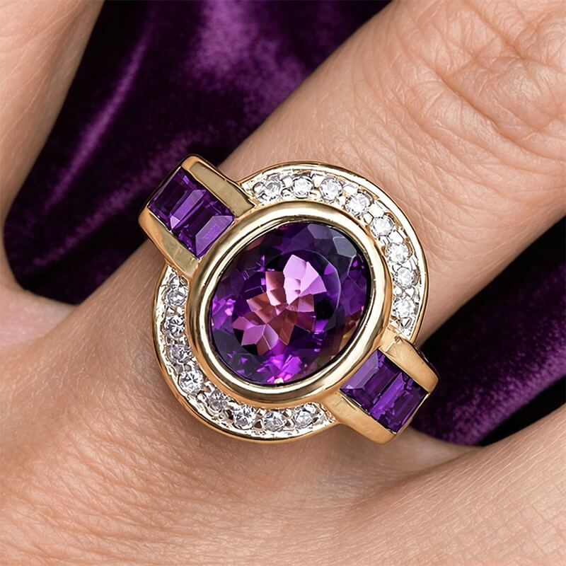 Art Deco Two Tone Bezel Setting Oval Cut Amethyst Sapphire Engagement Ring