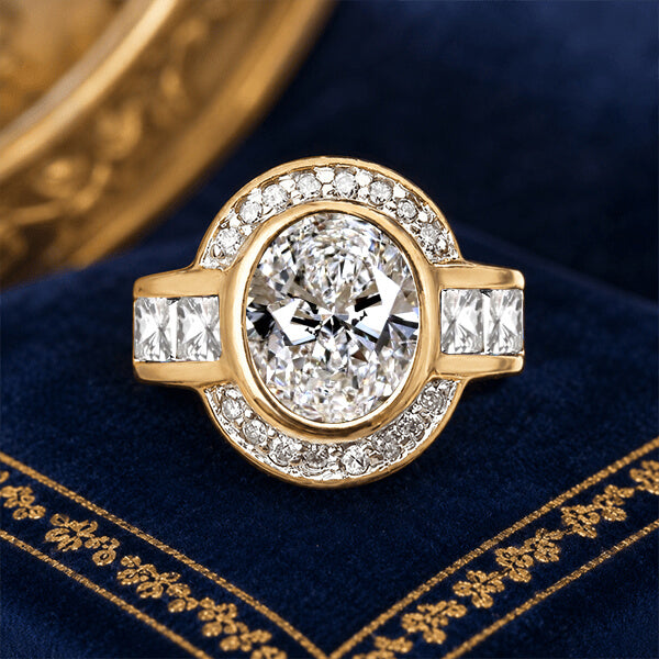 Art Deco Two Tone Bezel Setting Oval Cut White Sapphire Engagement Ring