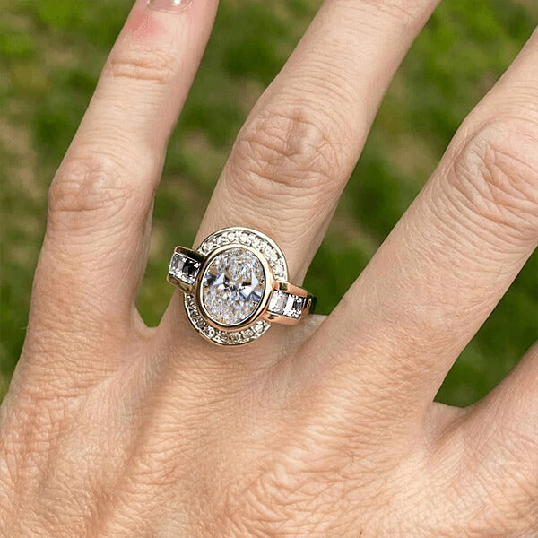 Art Deco Two Tone Bezel Setting Oval Cut White Sapphire Engagement Ring