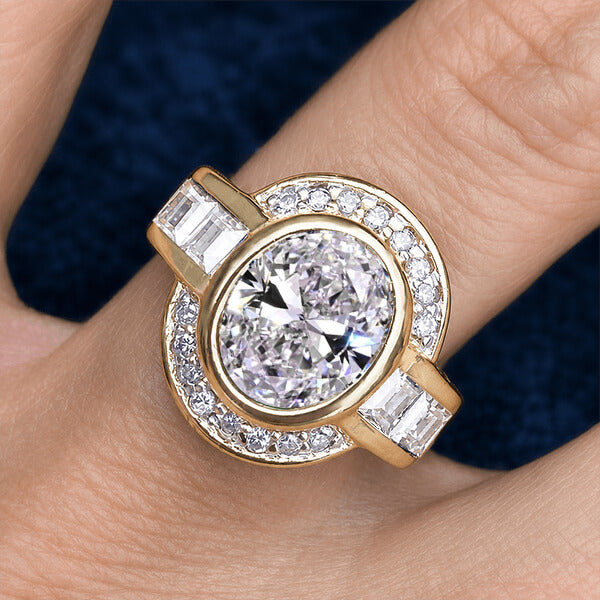 Art Deco Two Tone Bezel Setting Oval Cut White Sapphire Engagement Ring