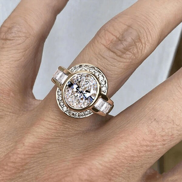 Art Deco Two Tone Bezel Setting Oval Cut White Sapphire Engagement Ring