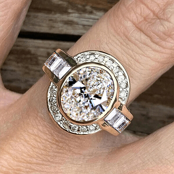 Art Deco Two Tone Bezel Setting Oval Cut White Sapphire Engagement Ring
