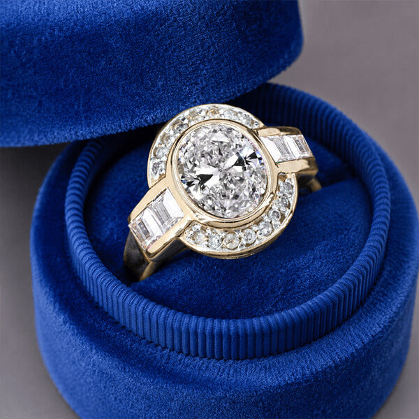 Art Deco Two Tone Bezel Setting Oval Cut White Sapphire Engagement Ring