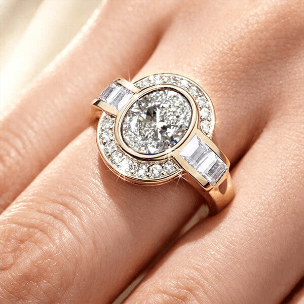 Art Deco Two Tone Bezel Setting Oval Cut White Sapphire Engagement Ring