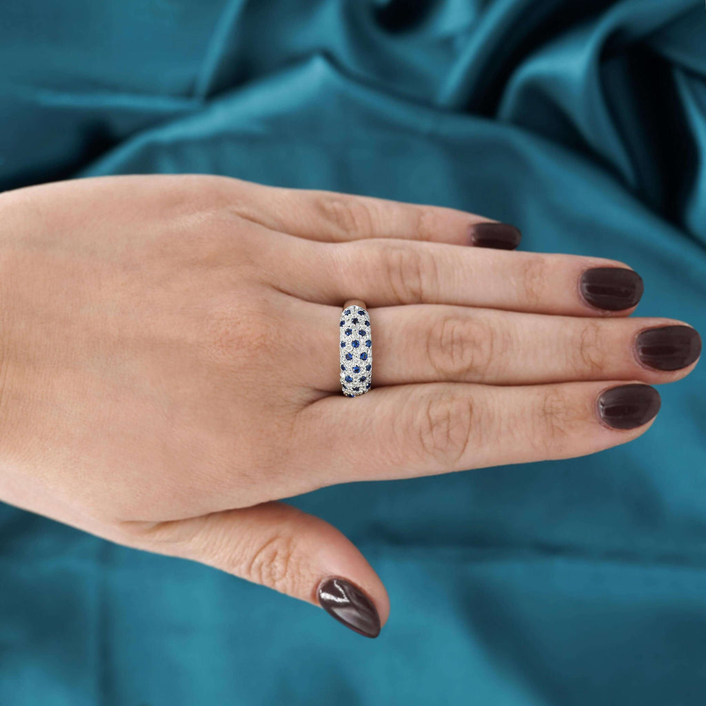 Pave Setting Round Cut White & Blue Sapphire Wedding Band