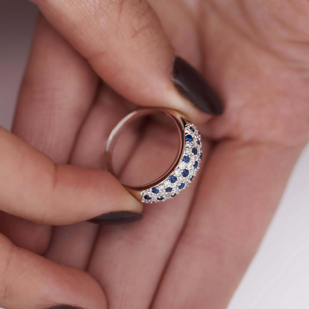 Pave Setting Round Cut White & Blue Sapphire Wedding Band