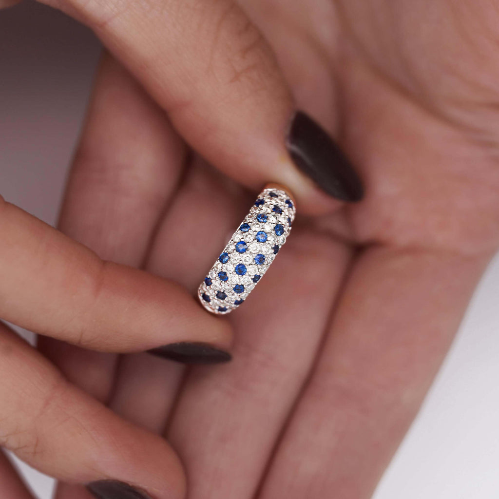 Pave Setting Round Cut White & Blue Sapphire Wedding Band
