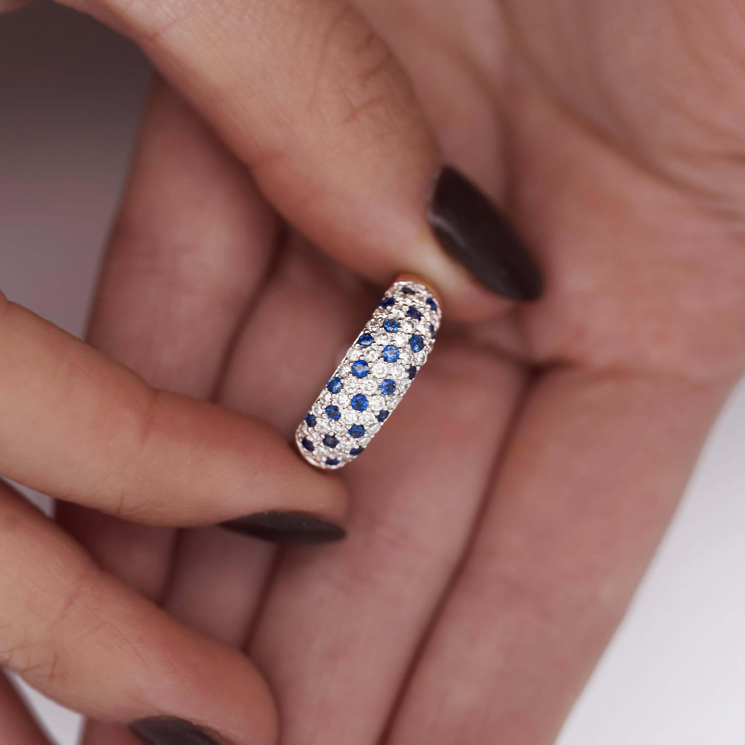 Pave Setting Round Cut White & Blue Sapphire Wedding Band