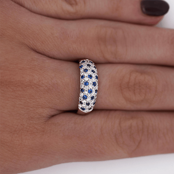 Pave Setting Round Cut White & Blue Sapphire Wedding Band