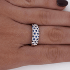 Pave Setting Round Cut White & Blue Sapphire Wedding Band