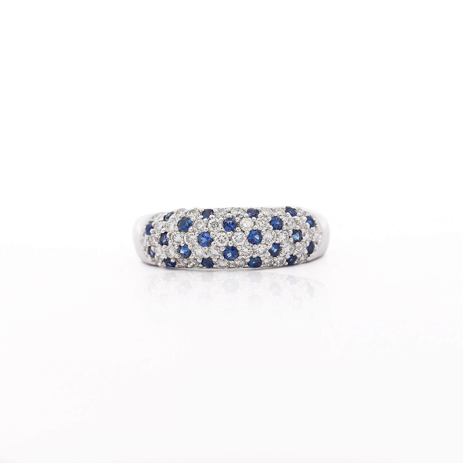 Pave Setting Round Cut White & Blue Sapphire Wedding Band