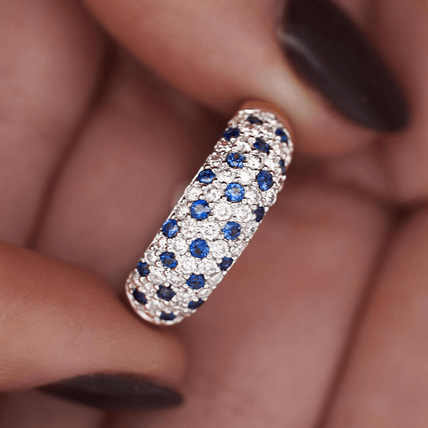 Pave Setting Round Cut White & Blue Sapphire Wedding Band