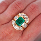 Vintage Yellow Gold Halo Bezel Emerald Cut Emerald Sapphire Engagement Ring