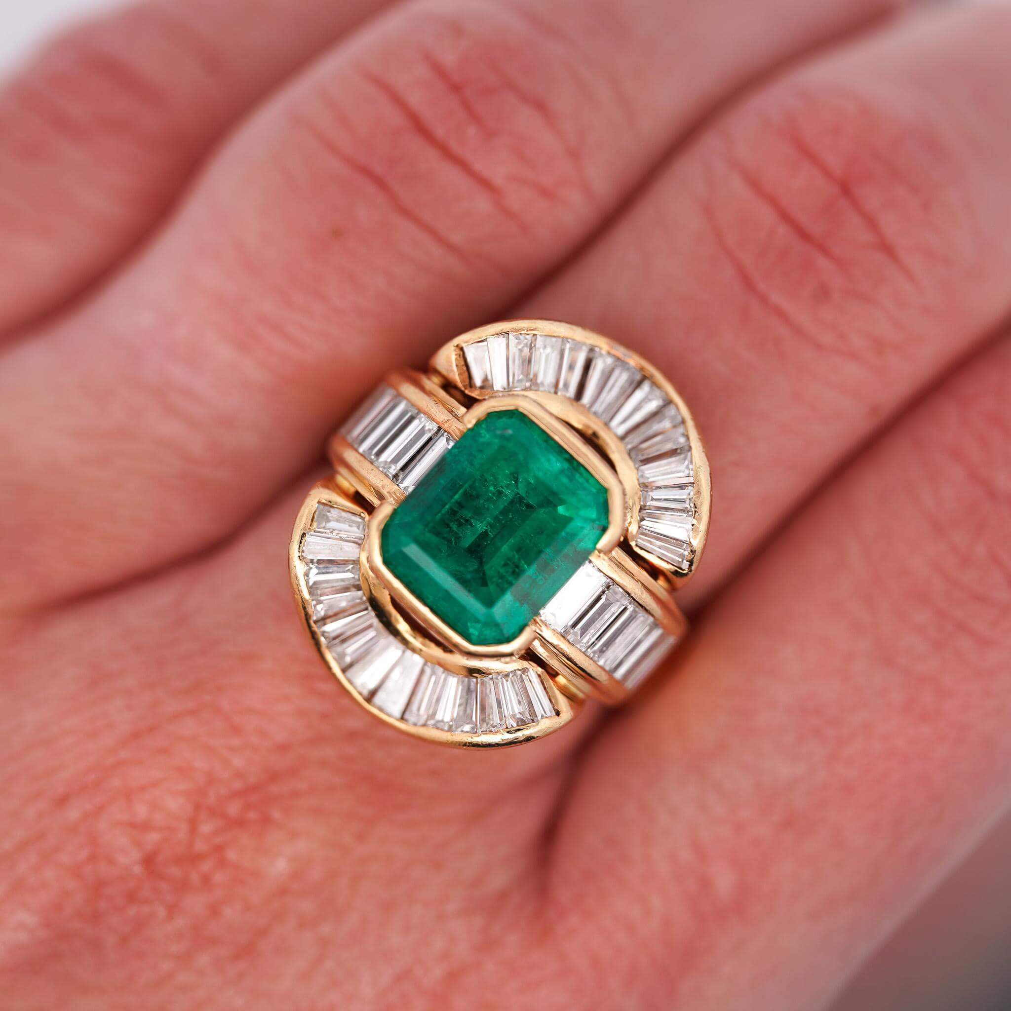 Vintage Yellow Gold Halo Bezel Emerald Cut Emerald Sapphire Engagement Ring