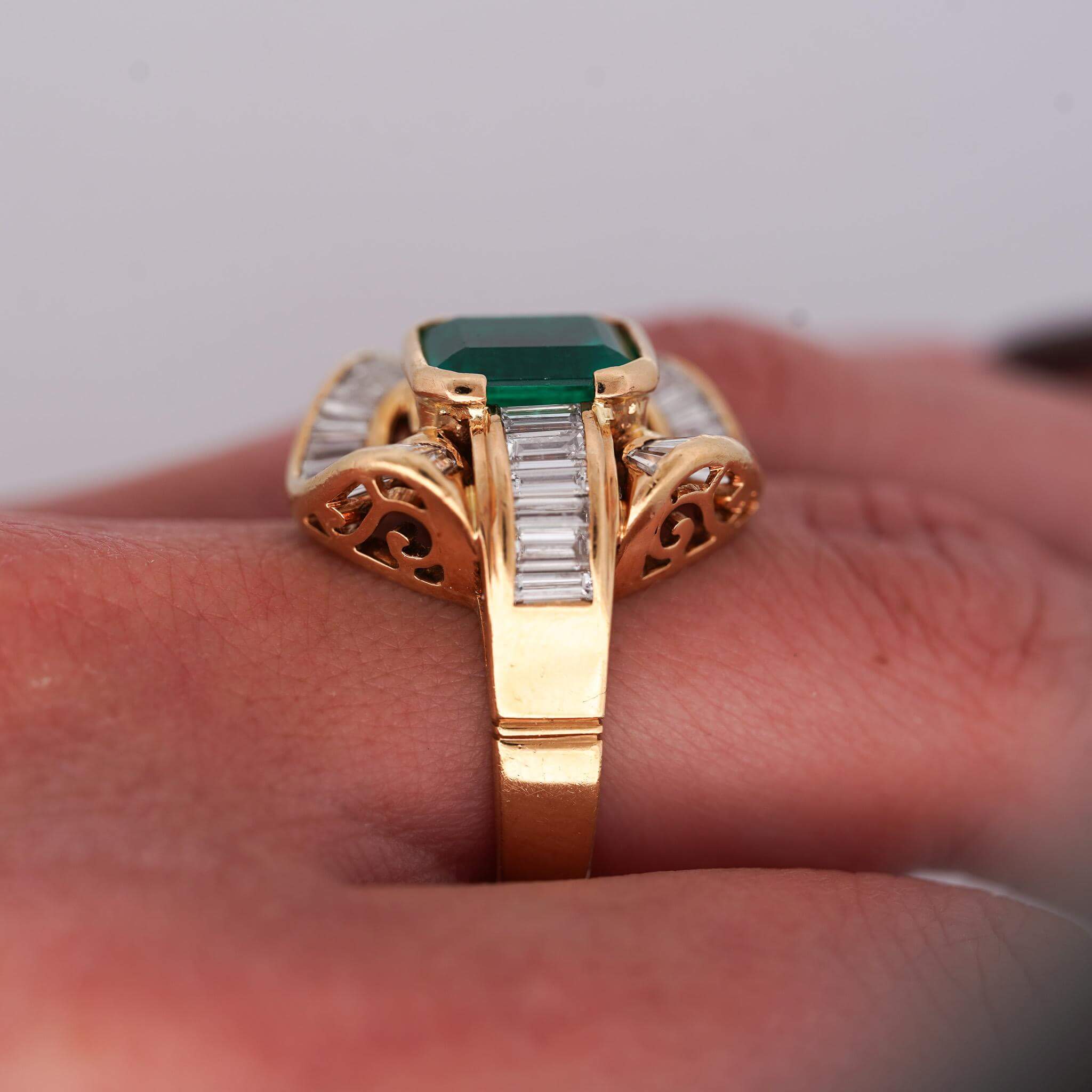 Vintage Yellow Gold Halo Bezel Emerald Cut Emerald Sapphire Engagement Ring