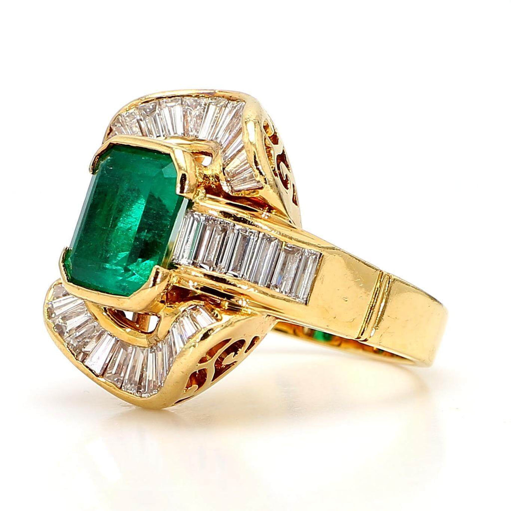 Vintage Yellow Gold Halo Bezel Emerald Cut Emerald Sapphire Engagement Ring