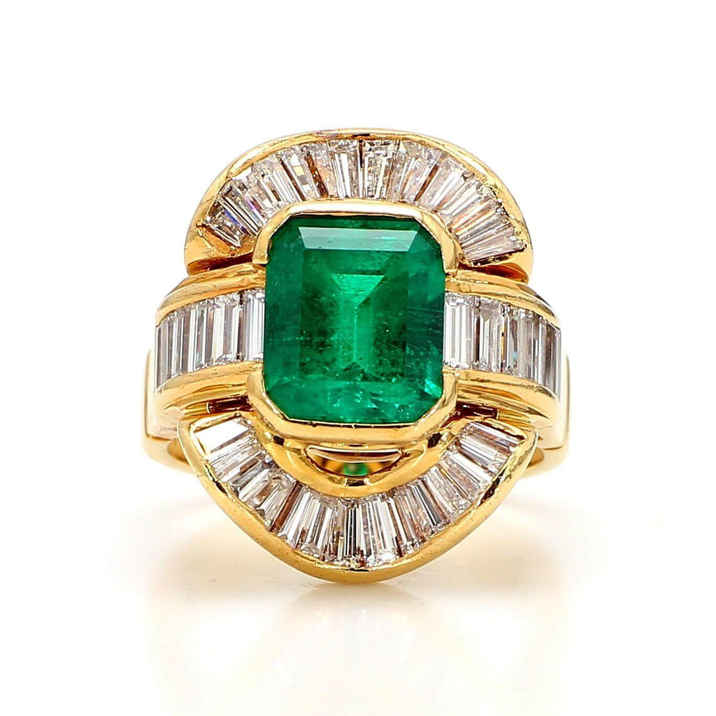 Vintage Yellow Gold Halo Bezel Emerald Cut Emerald Sapphire Engagement Ring