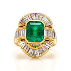Vintage Yellow Gold Halo Bezel Emerald Cut Emerald Sapphire Engagement Ring