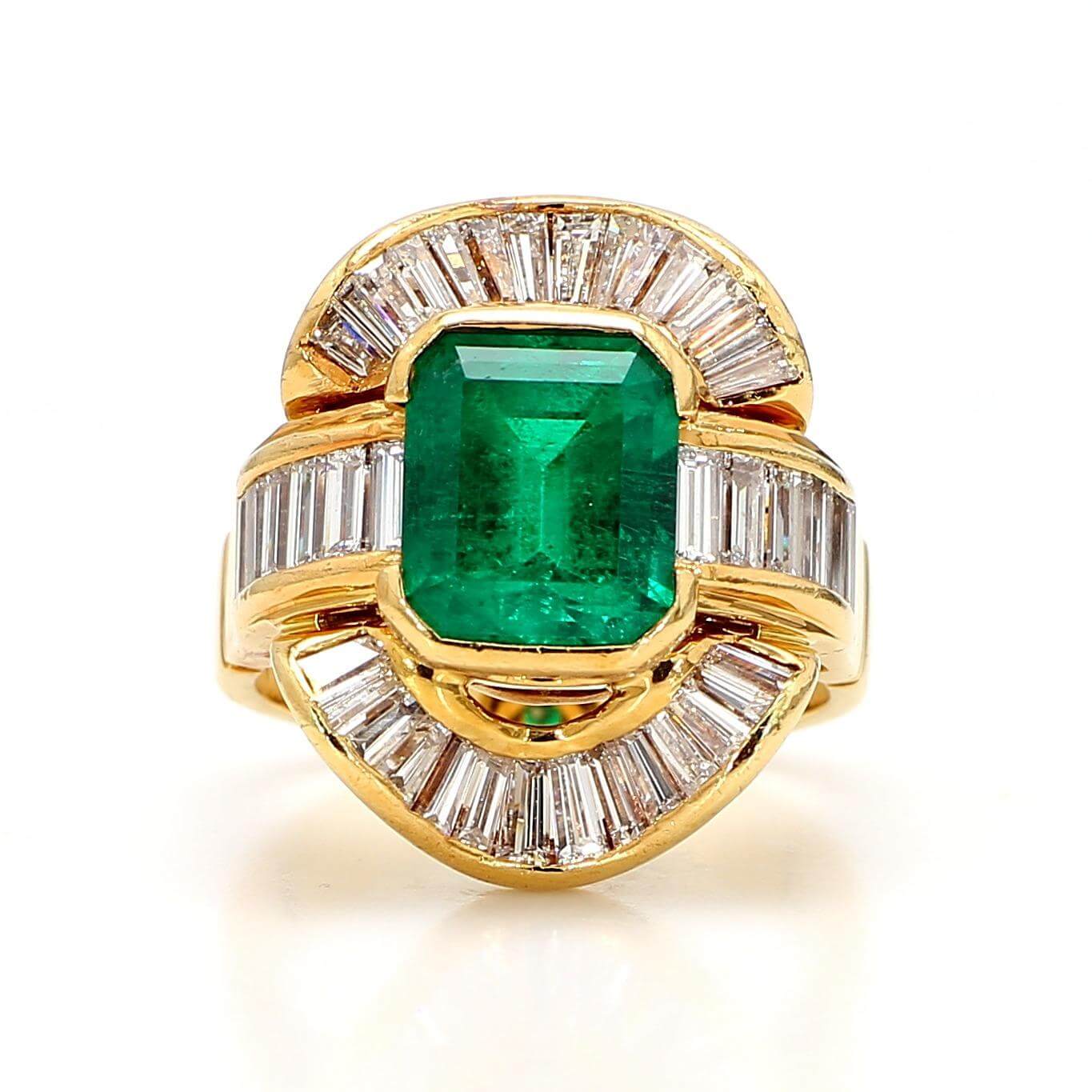 Vintage Yellow Gold Halo Bezel Emerald Cut Emerald Sapphire Engagement Ring