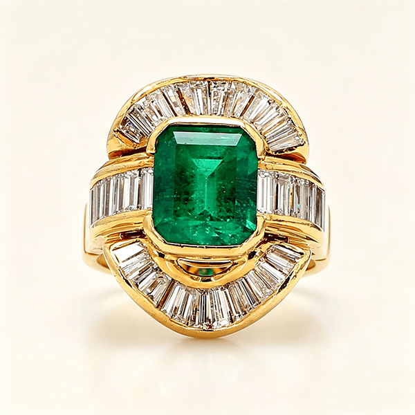 Vintage Yellow Gold Halo Bezel Emerald Cut Emerald Sapphire Engagement Ring