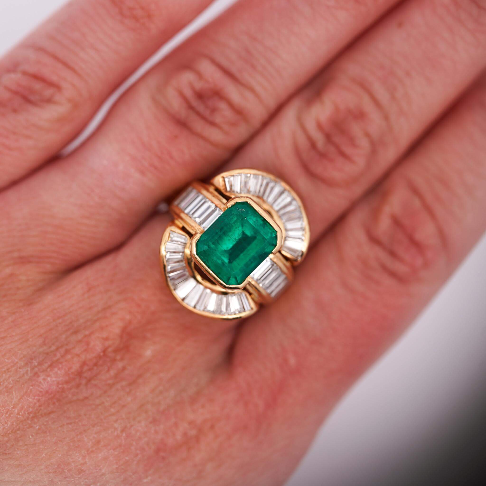 Vintage Yellow Gold Halo Bezel Emerald Cut Emerald Sapphire Engagement Ring