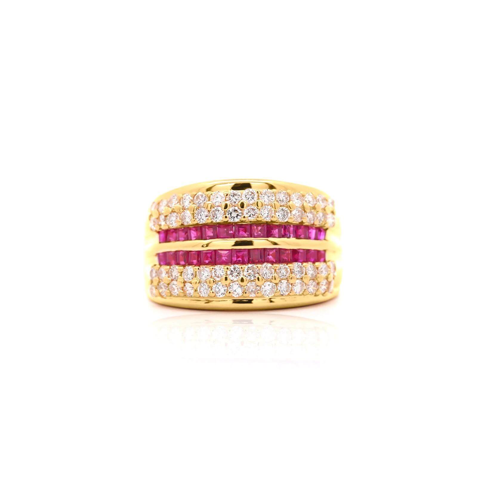 Multi Row Channel Setting Yellow Gold Asscher Cut Ruby & White Sapphire Wedding Band
