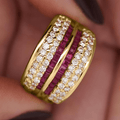 Multi Row Channel Setting Yellow Gold Asscher Cut Ruby & White Sapphire Wedding Band