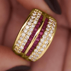 Multi Row Channel Setting Yellow Gold Asscher Cut Ruby & White Sapphire Wedding Band