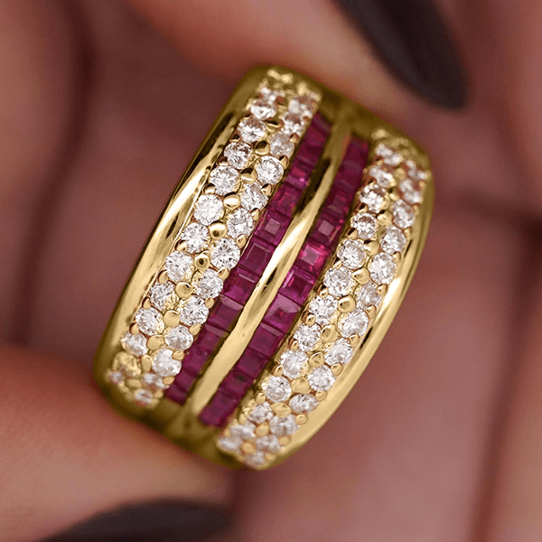 Multi Row Channel Setting Yellow Gold Asscher Cut Ruby & White Sapphire Wedding Band