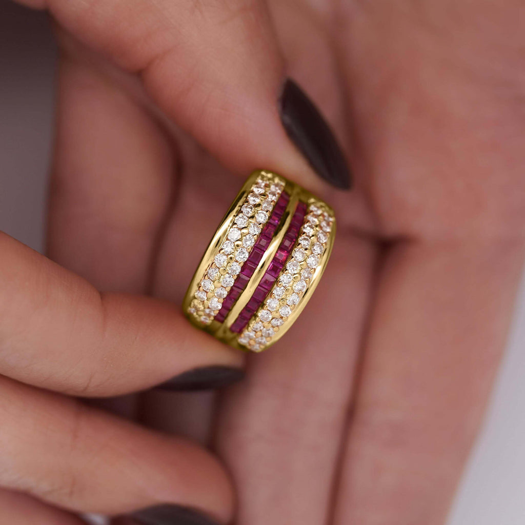 Multi Row Channel Setting Yellow Gold Asscher Cut Ruby & White Sapphire Wedding Band