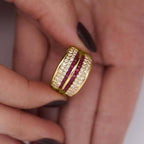Multi Row Channel Setting Yellow Gold Asscher Cut Ruby & White Sapphire Wedding Band