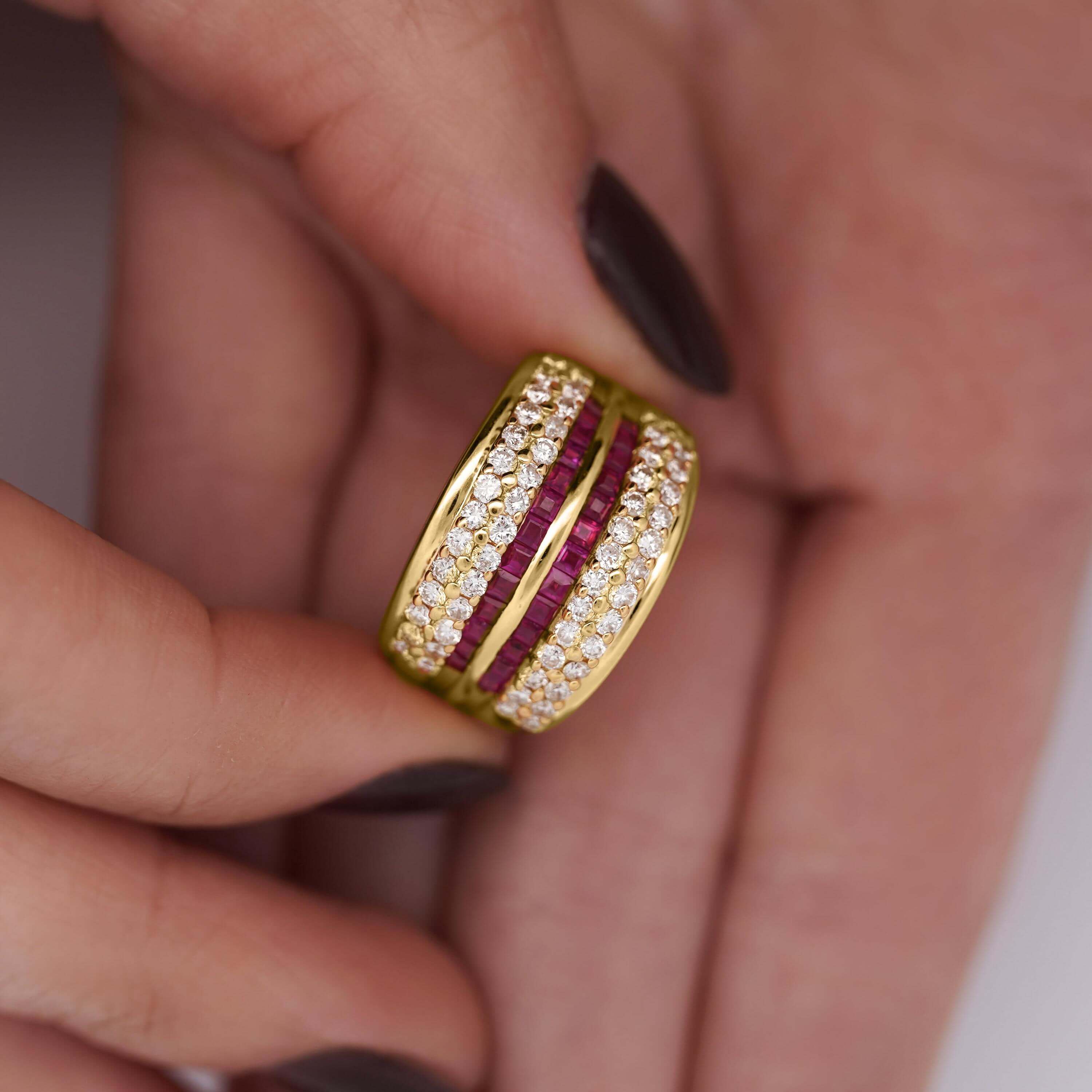 Multi Row Channel Setting Yellow Gold Asscher Cut Ruby & White Sapphire Wedding Band