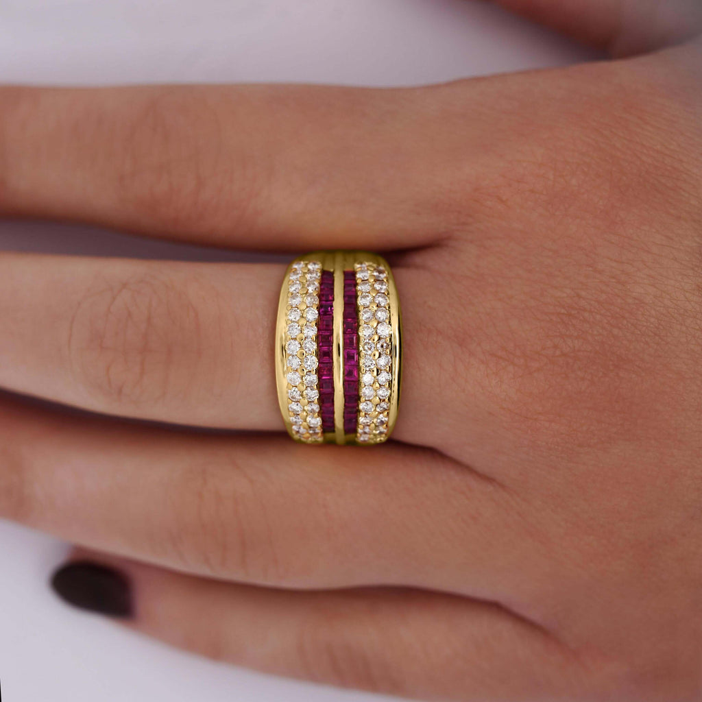 Multi Row Channel Setting Yellow Gold Asscher Cut Ruby & White Sapphire Wedding Band