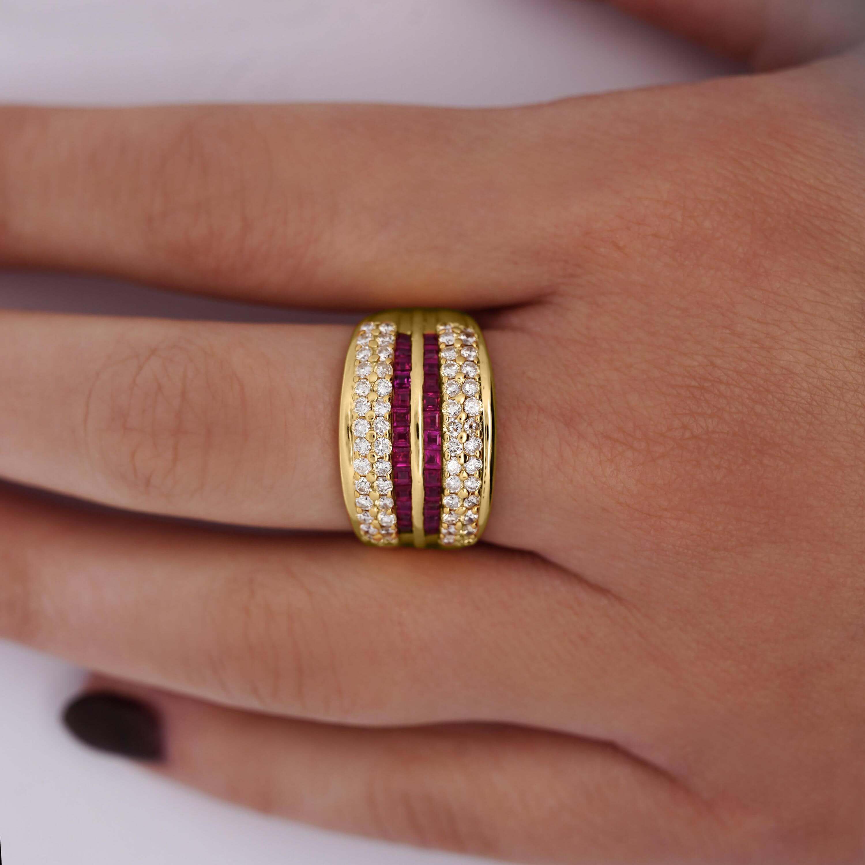 Multi Row Channel Setting Yellow Gold Asscher Cut Ruby & White Sapphire Wedding Band