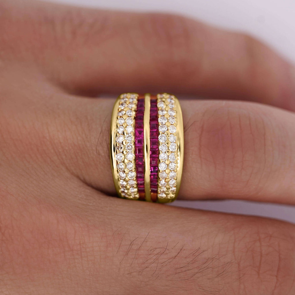 Multi Row Channel Setting Yellow Gold Asscher Cut Ruby & White Sapphire Wedding Band