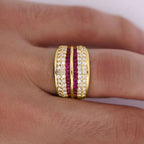 Multi Row Channel Setting Yellow Gold Asscher Cut Ruby & White Sapphire Wedding Band