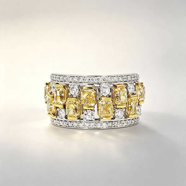 Two Tone Multi Row Radiant Cut Canary Sapphire Wedding Band For Women