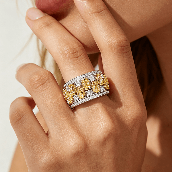 Two Tone Multi Row Radiant Cut Canary Sapphire Wedding Band For Women