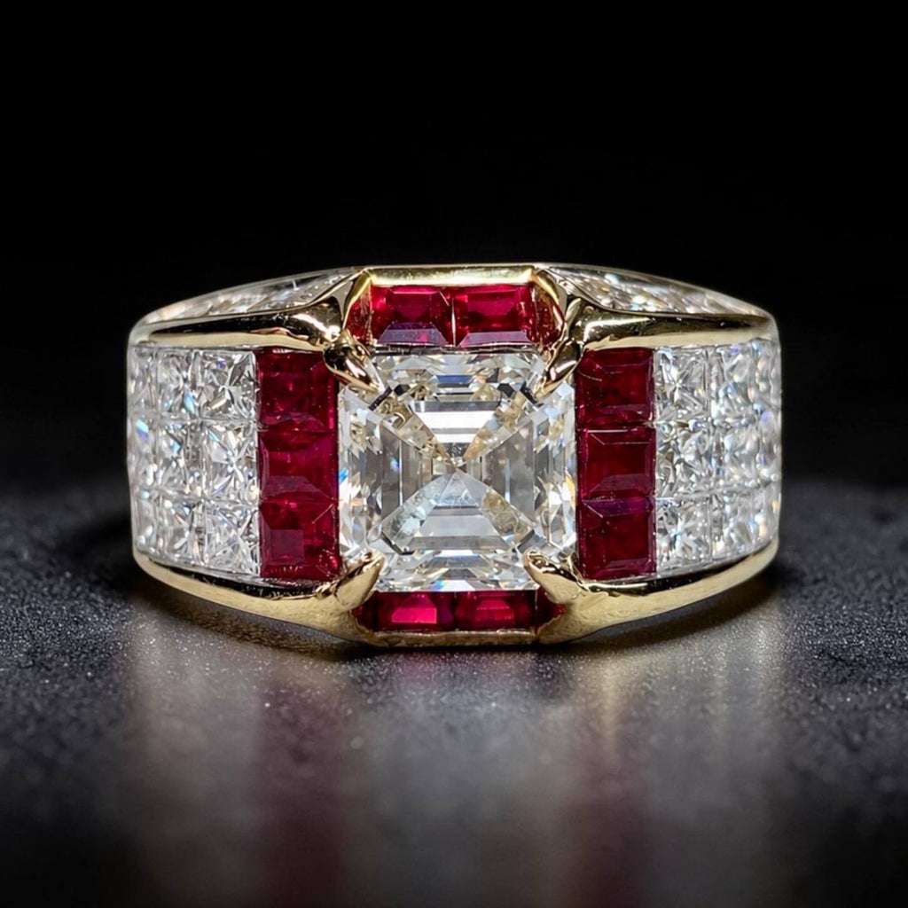 Art Deco Yellow Gold Halo Asscher Cut White & Ruby Sapphire Engagement Ring