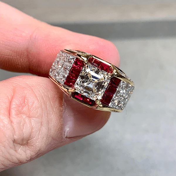Art Deco Yellow Gold Halo Asscher Cut White & Ruby Sapphire Engagement Ring