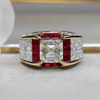 Art Deco Yellow Gold Halo Asscher Cut White & Ruby Sapphire Engagement Ring