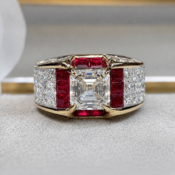 Art Deco Yellow Gold Halo Asscher Cut White & Ruby Sapphire Engagement Ring