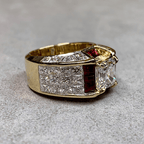 Art Deco Yellow Gold Halo Asscher Cut White & Ruby Sapphire Engagement Ring