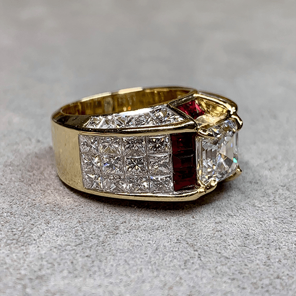 Art Deco Yellow Gold Halo Asscher Cut White & Ruby Sapphire Engagement Ring